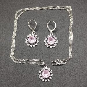 925 Silver Pink Necklace Earrings Flower CZ Diamond Set Spring Summer BOHO Gift